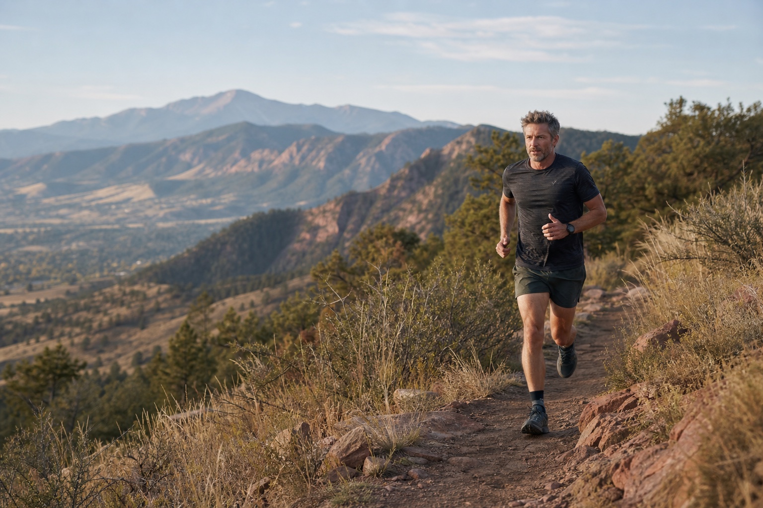 A middle-aged man trail running in the Colorado Front Range